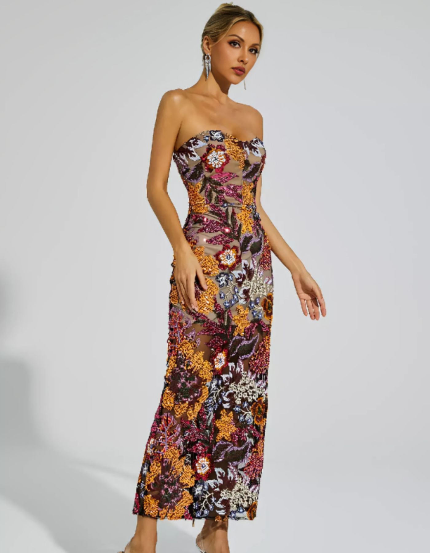 | Embroidered Illusion Strapless Evening Dress