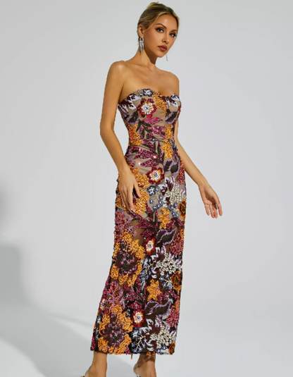 | Embroidered Illusion Strapless Evening Dress
