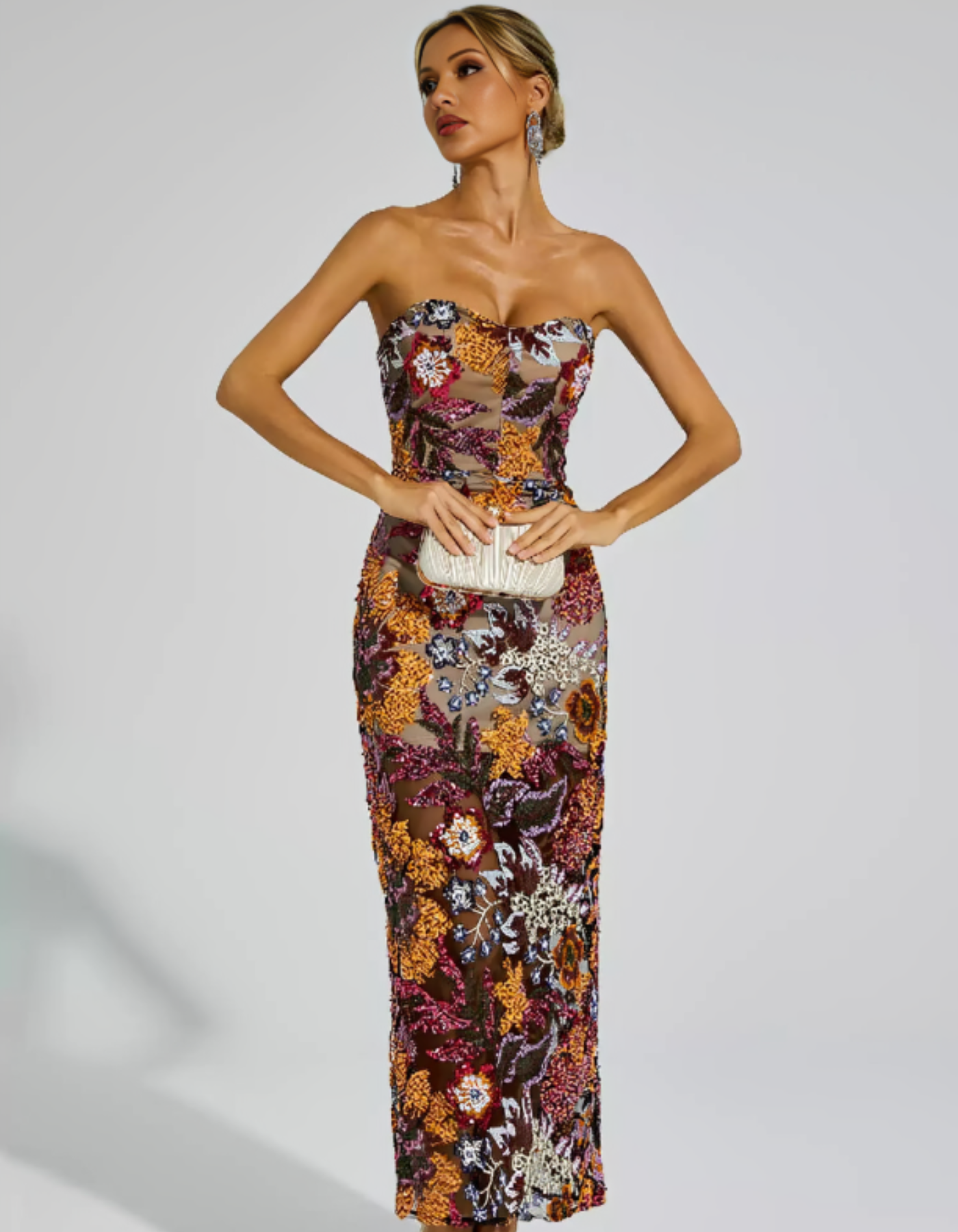 | Embroidered Illusion Strapless Evening Dress