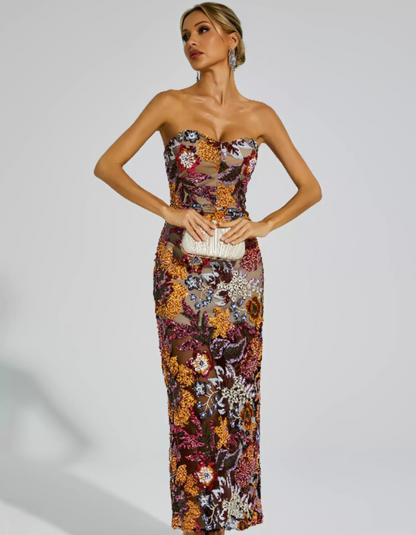 | Embroidered Illusion Strapless Evening Dress
