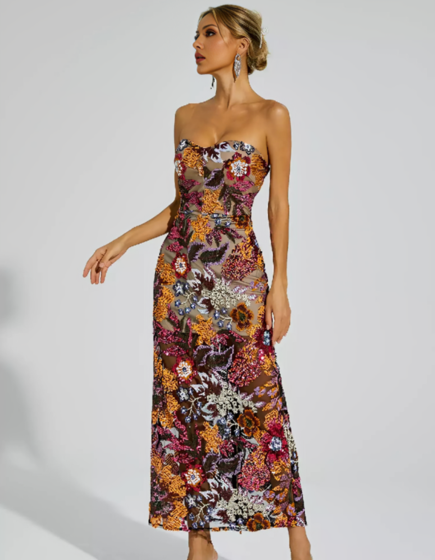 | Embroidered Illusion Strapless Evening Dress