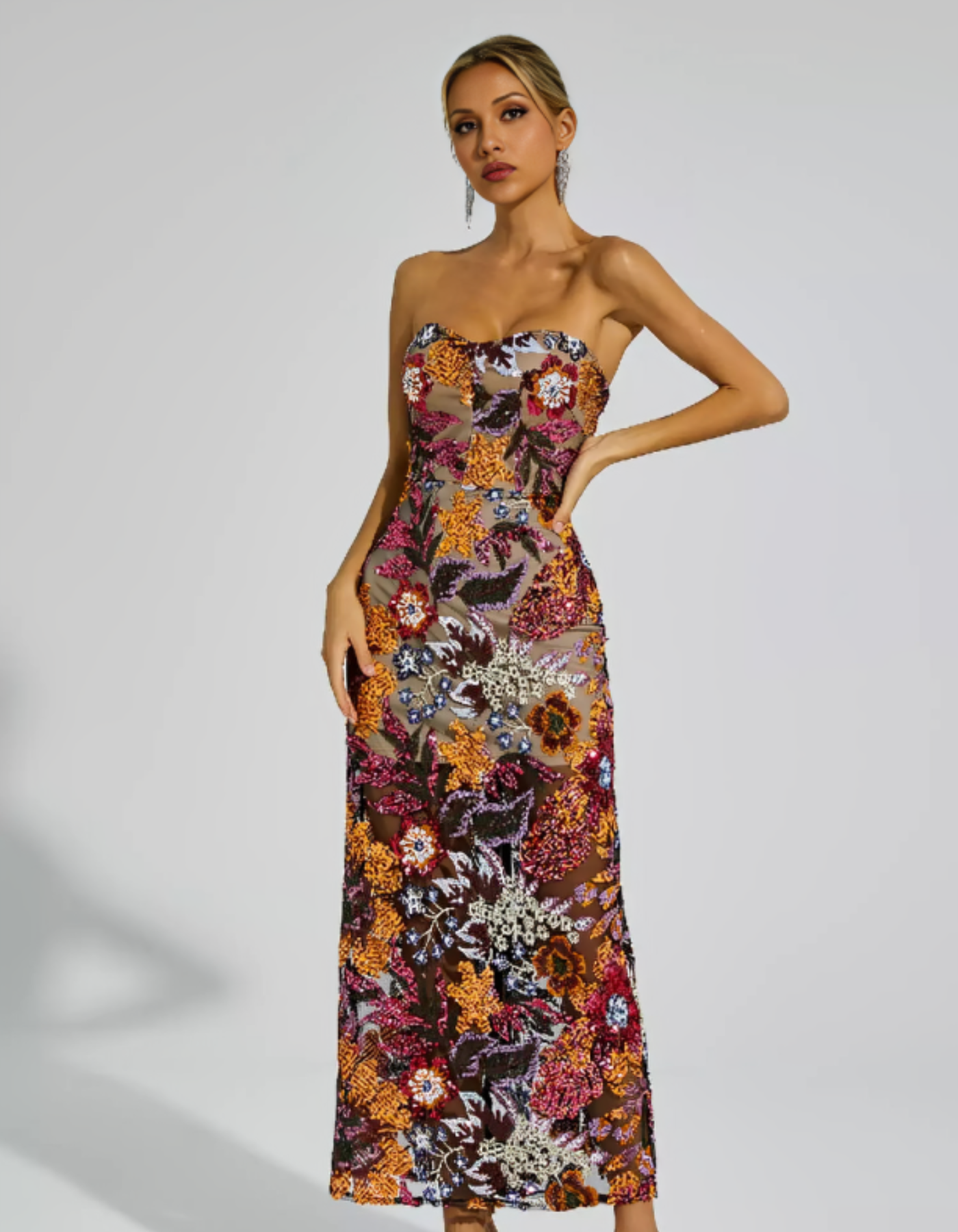 | Embroidered Illusion Strapless Evening Dress