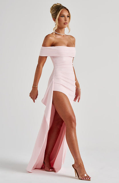 | Off-shoulder drape evening gown