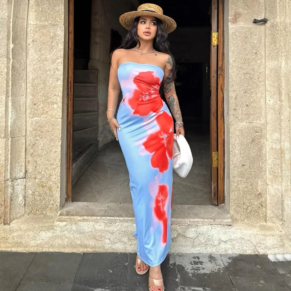 | Strapless maxi dress in painted bloom