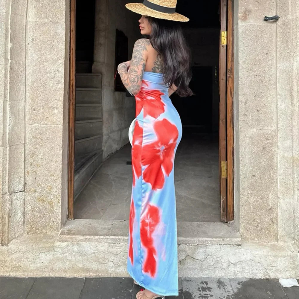 | Strapless maxi dress in painted bloom