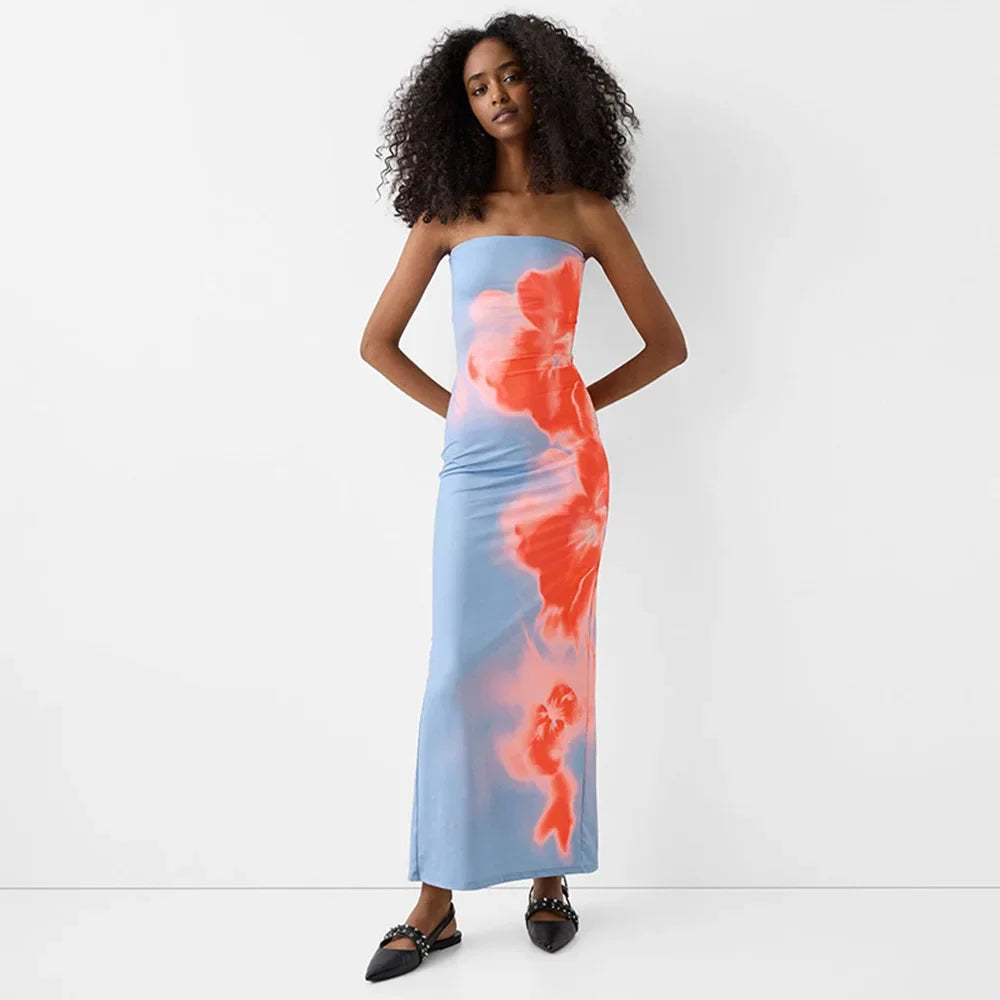 | Strapless maxi dress in painted bloom