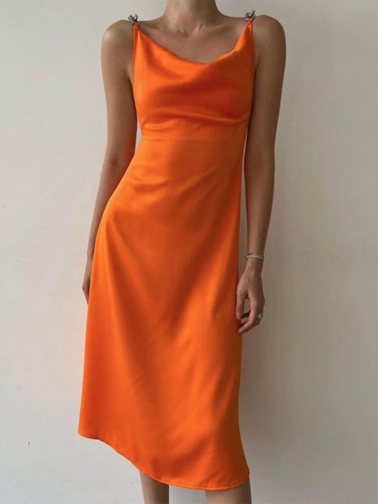 Cowl Neck Chain Strap Satin Slip Midi Dress