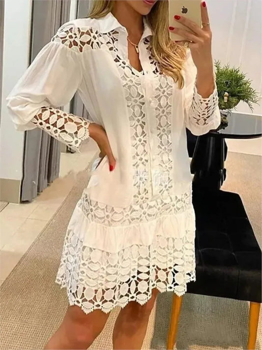 Women's Button-Front Long Sleeve Mini Dress – Lace Summer Outfit