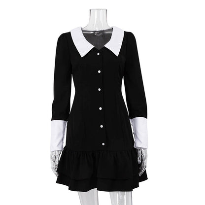 French Black Dress Colorblock Collared Slimming Hip Bag