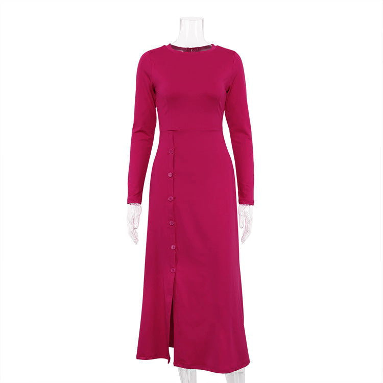 Long Slit GracefulTight Waist Slim-Fit Long Sleeve Milk Silk Dress