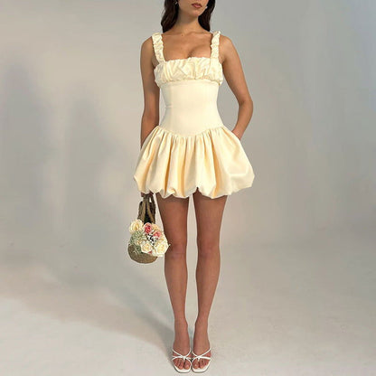 Dress Elegant Square Collar Strap Stitching Backless Dress