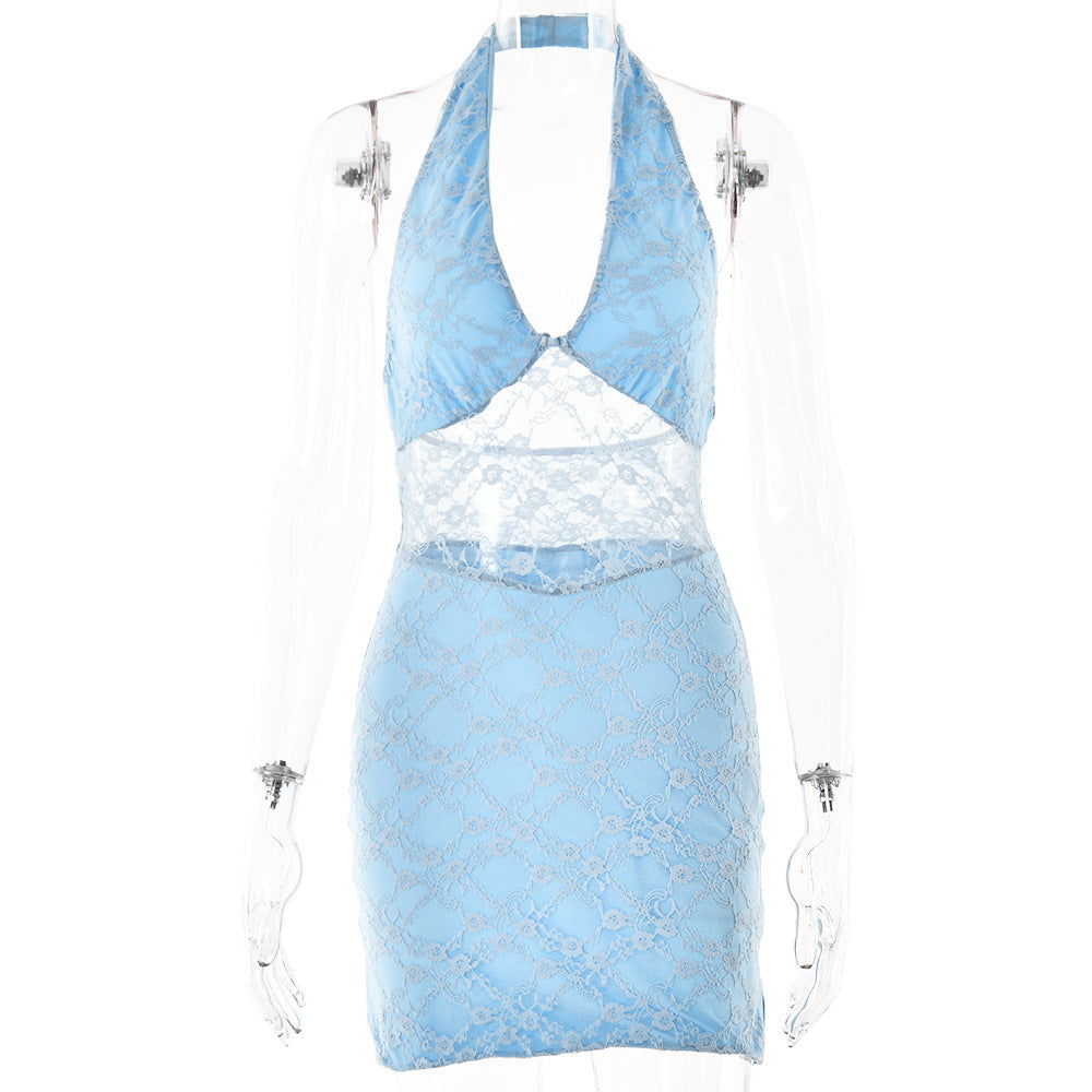 Halter Plunge V-Neck Floral Lace Sheer Midriff Mini Dress