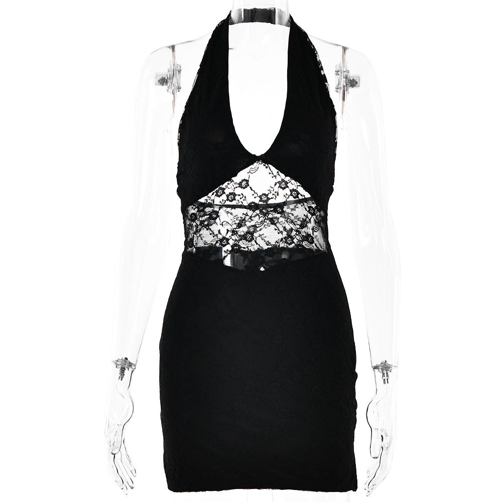 Halter Plunge V-Neck Floral Lace Sheer Midriff Mini Dress