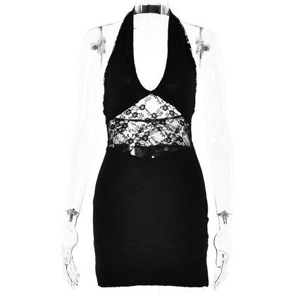 Halter Plunge V-Neck Floral Lace Sheer Midriff Mini Dress