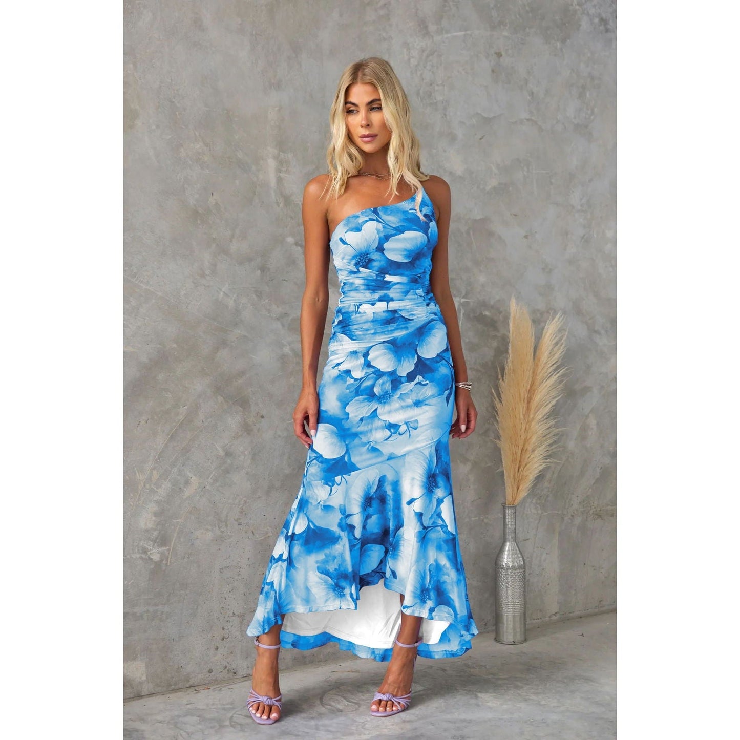Oblique Shoulder Printing Elastic Lining Dress Casual