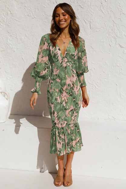 Office Elastic Waist Long Sleeve V neck Printed Flounced Dress