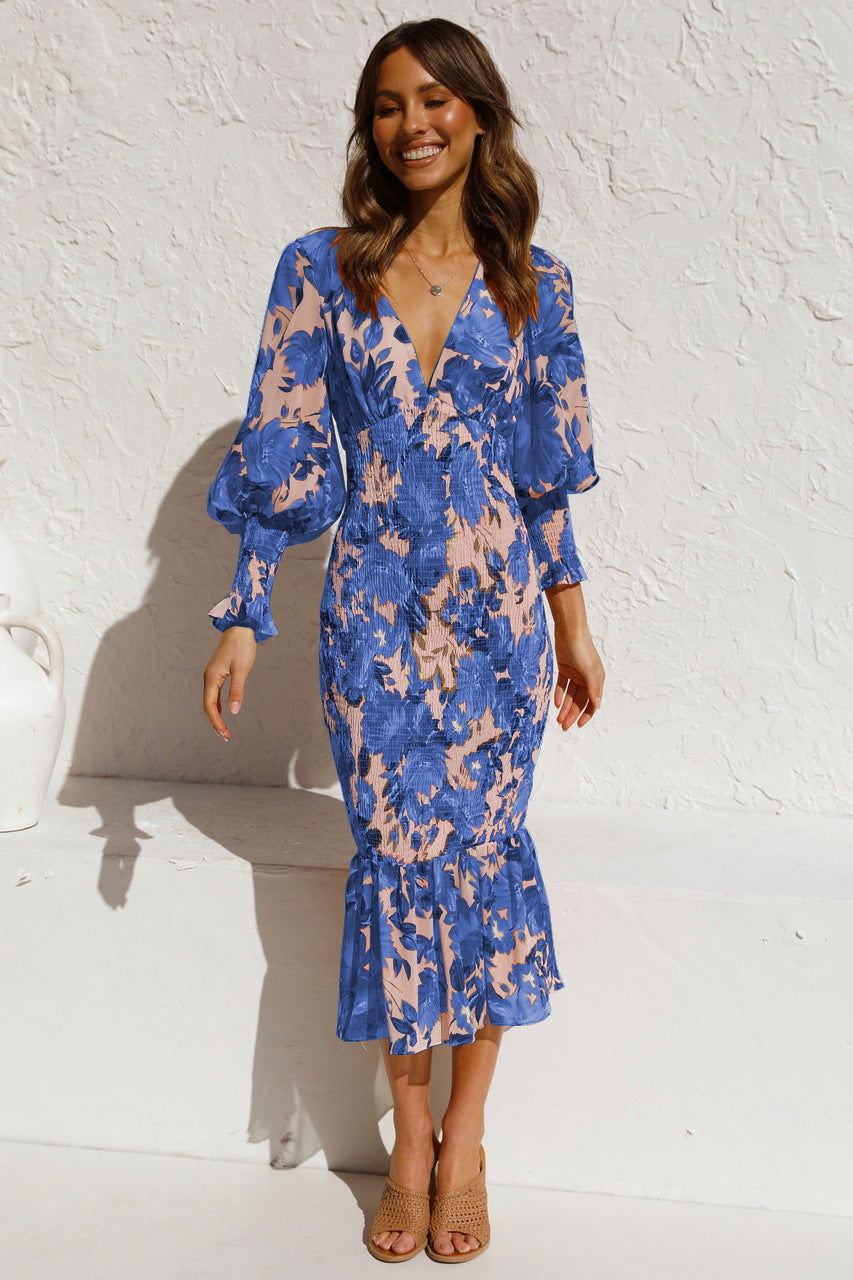 Office Elastic Waist Long Sleeve V neck Printed Flounced Dress
