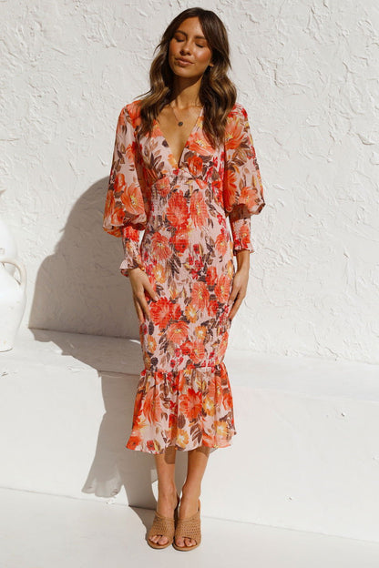 Office Elastic Waist Long Sleeve V neck Printed Flounced Dress