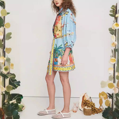 Printed 3/4 Sleeves Lace up Dress Casual Loose