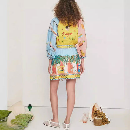 Printed 3/4 Sleeves Lace up Dress Casual Loose