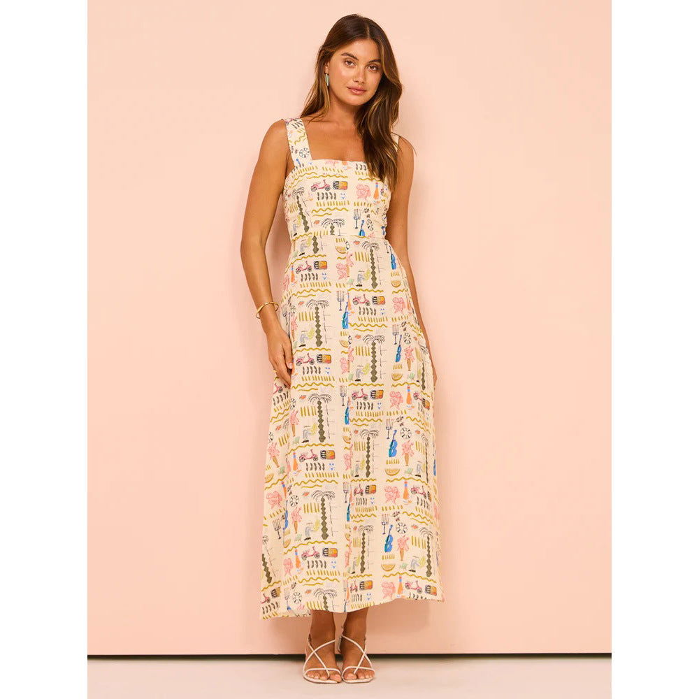 Printed Casual Strap Dress Vacation Zipper Dress