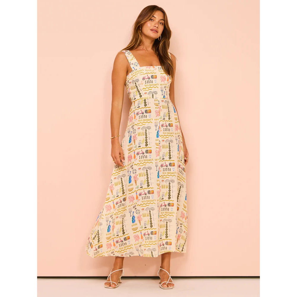 Printed Casual Strap Dress Vacation Zipper Dress