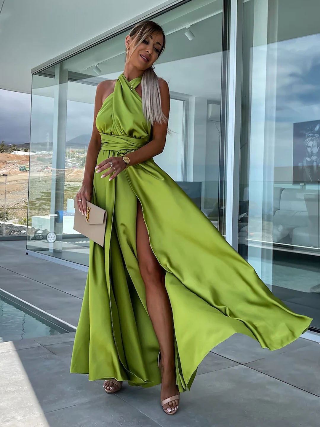 Changeable Lace up Dress Loose Casual Slit Dress