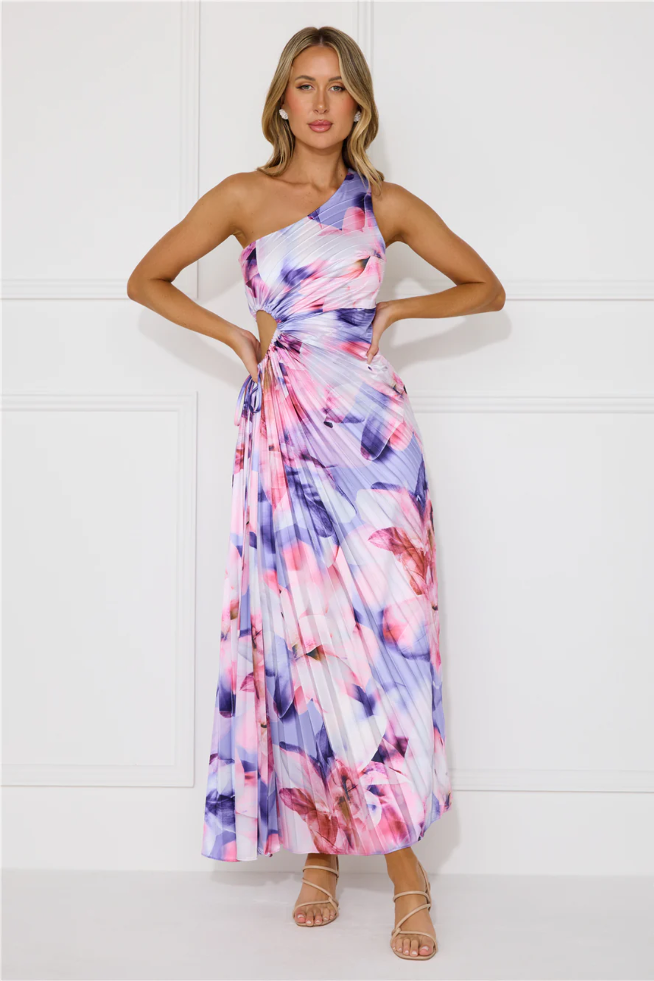 | Pleated Floral Drape One-Shoulder Maxi Dress