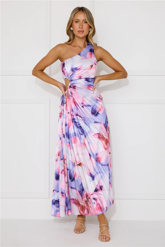 | Pleated Floral Drape One-Shoulder Maxi Dress