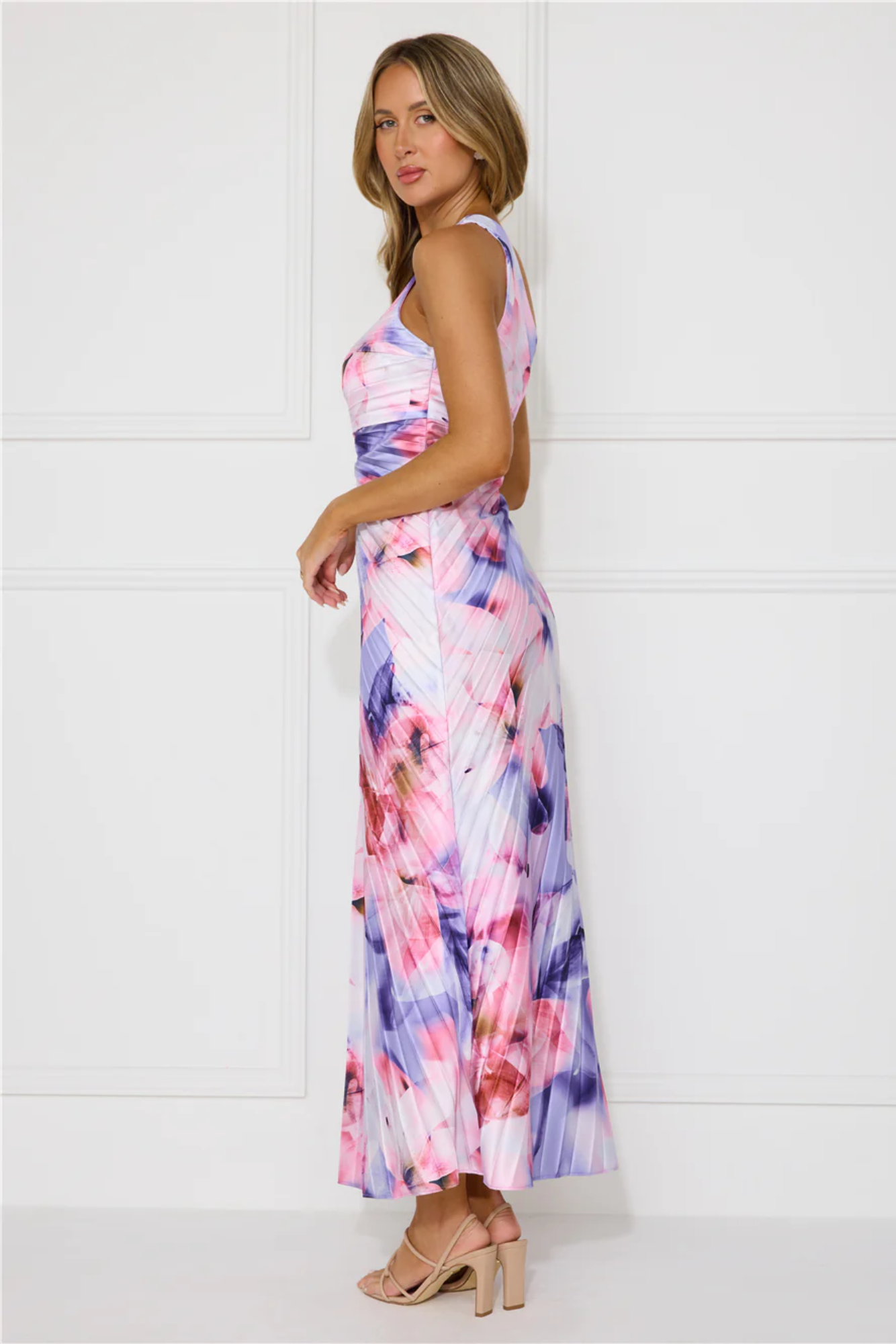 | Pleated Floral Drape One-Shoulder Maxi Dress