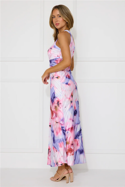 | Pleated Floral Drape One-Shoulder Maxi Dress