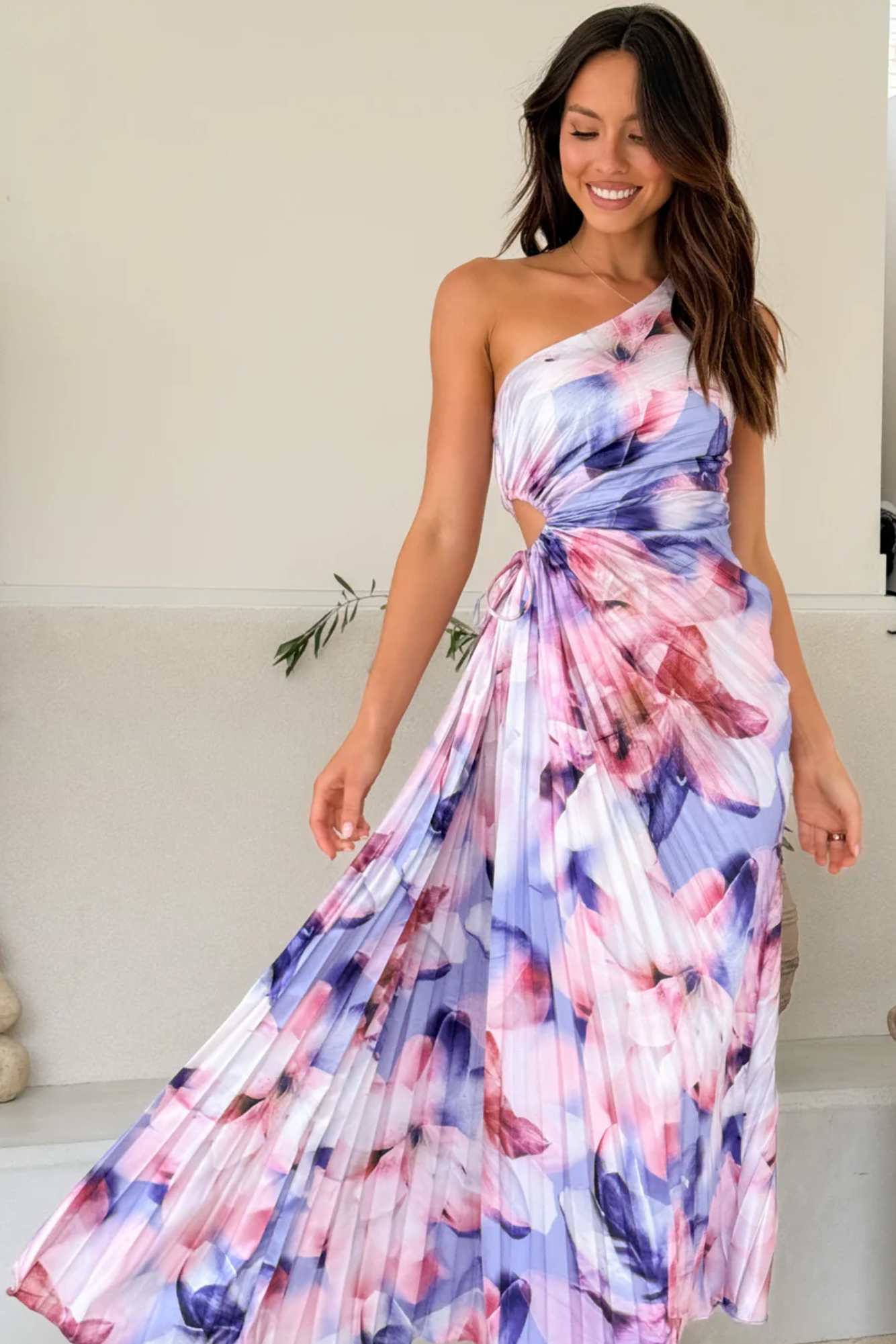 | Pleated Floral Drape One-Shoulder Maxi Dress