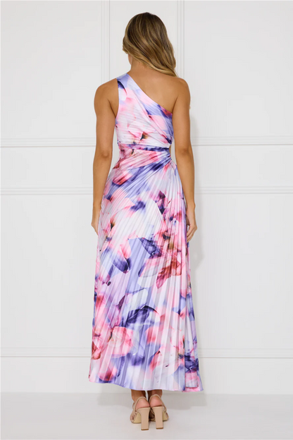 | Pleated Floral Drape One-Shoulder Maxi Dress