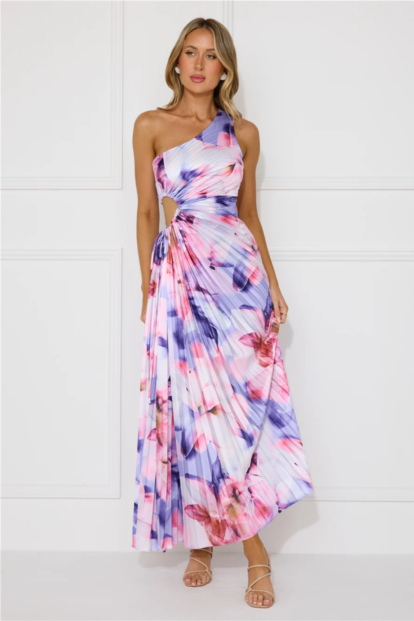 | Pleated Floral Drape One-Shoulder Maxi Dress