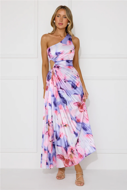 | Pleated Floral Drape One-Shoulder Maxi Dress