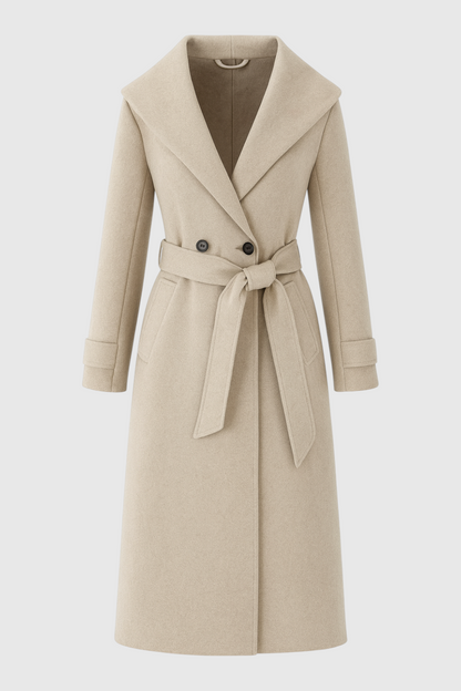 Hooded Long Wrap Coat | Double Breasted, Belted Waist, A-Line Shape