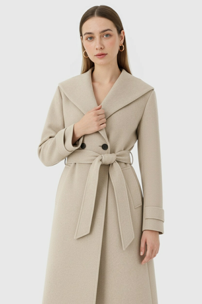 Hooded Long Wrap Coat | Double Breasted, Belted Waist, A-Line Shape