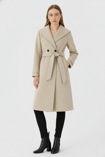 Hooded Long Wrap Coat | Double Breasted, Belted Waist, A-Line Shape