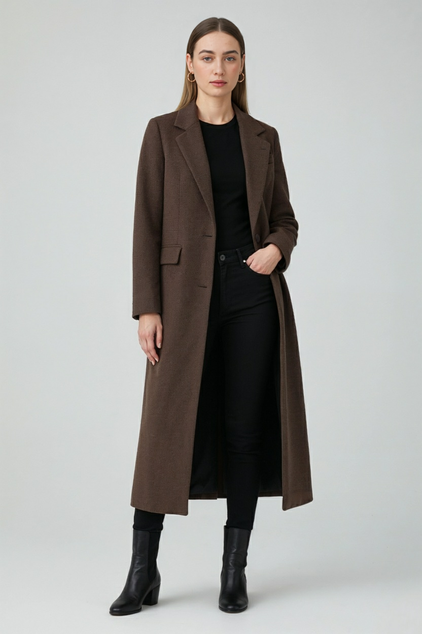 Long Wool-Effect Overcoat | Single-Breasted, Flap Pockets, Back Vent