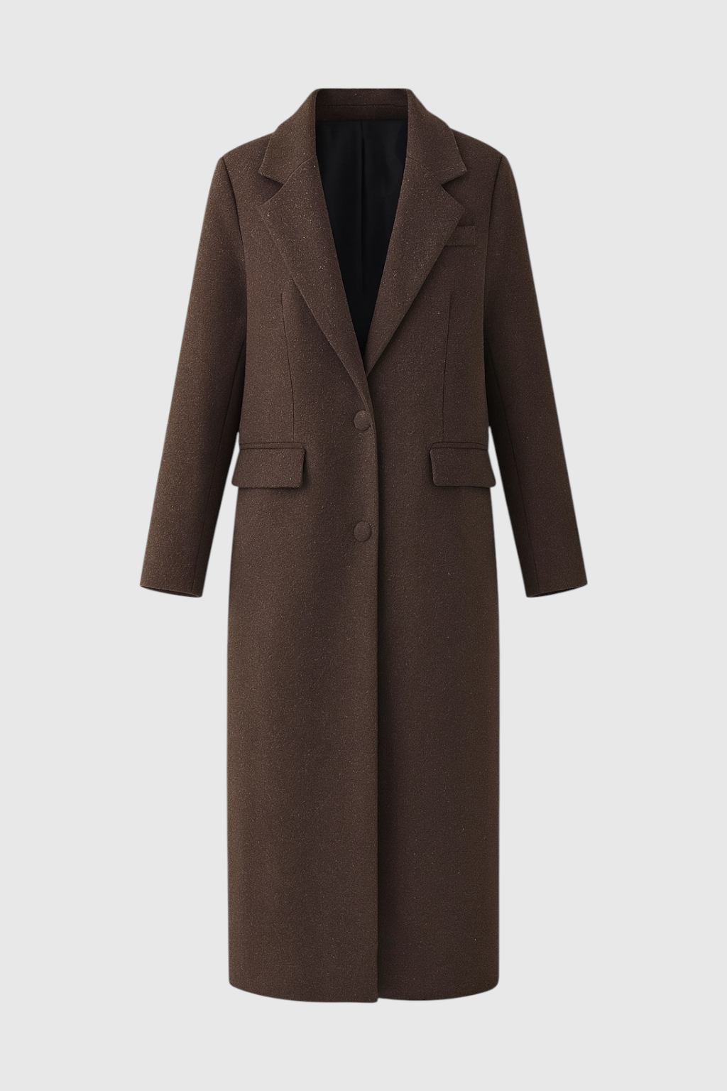 Long Wool-Effect Overcoat | Single-Breasted, Flap Pockets, Back Vent