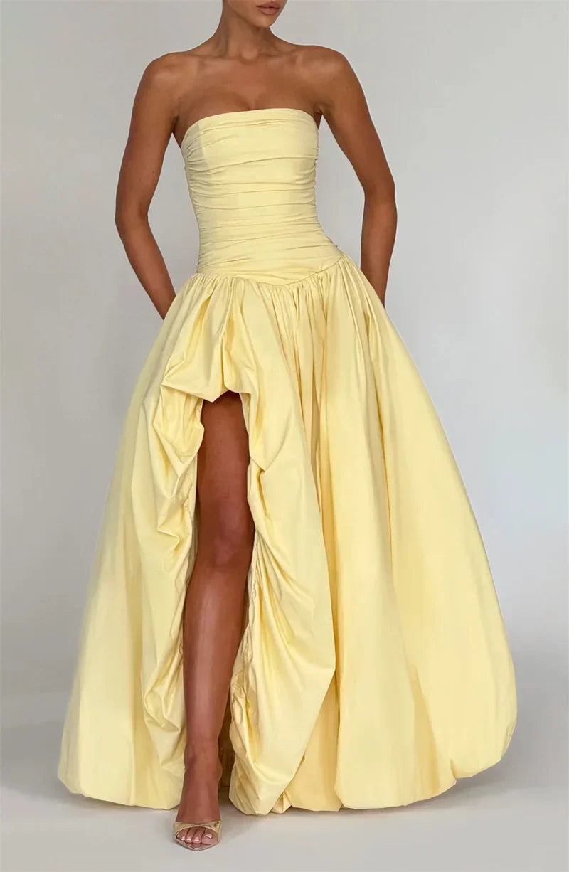 Strapless High Split Lace-Up Back Maxi Dress