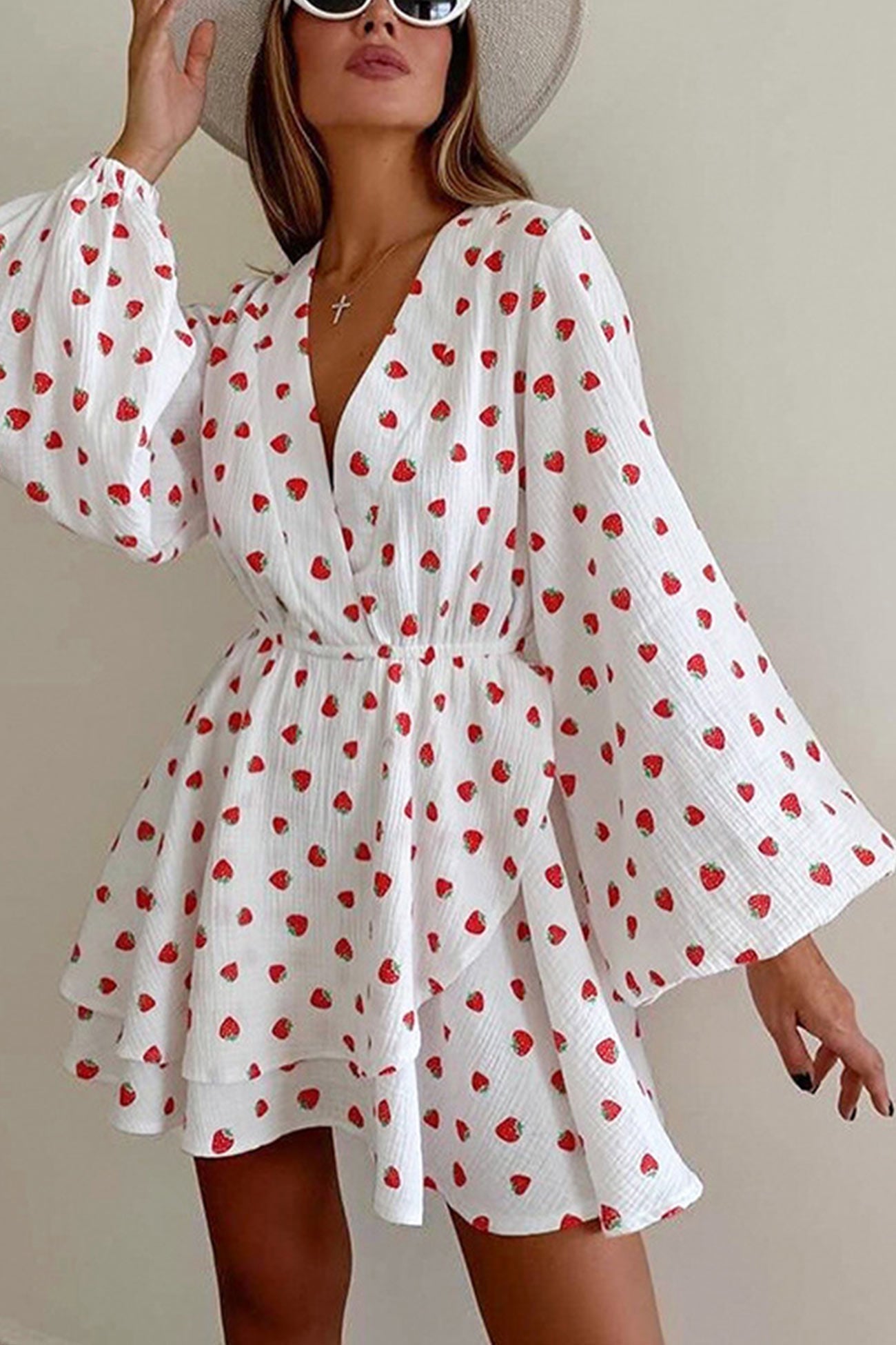Strawberry Print V-Neck Balloon Sleeve Tiered Ruffle Mini Dress