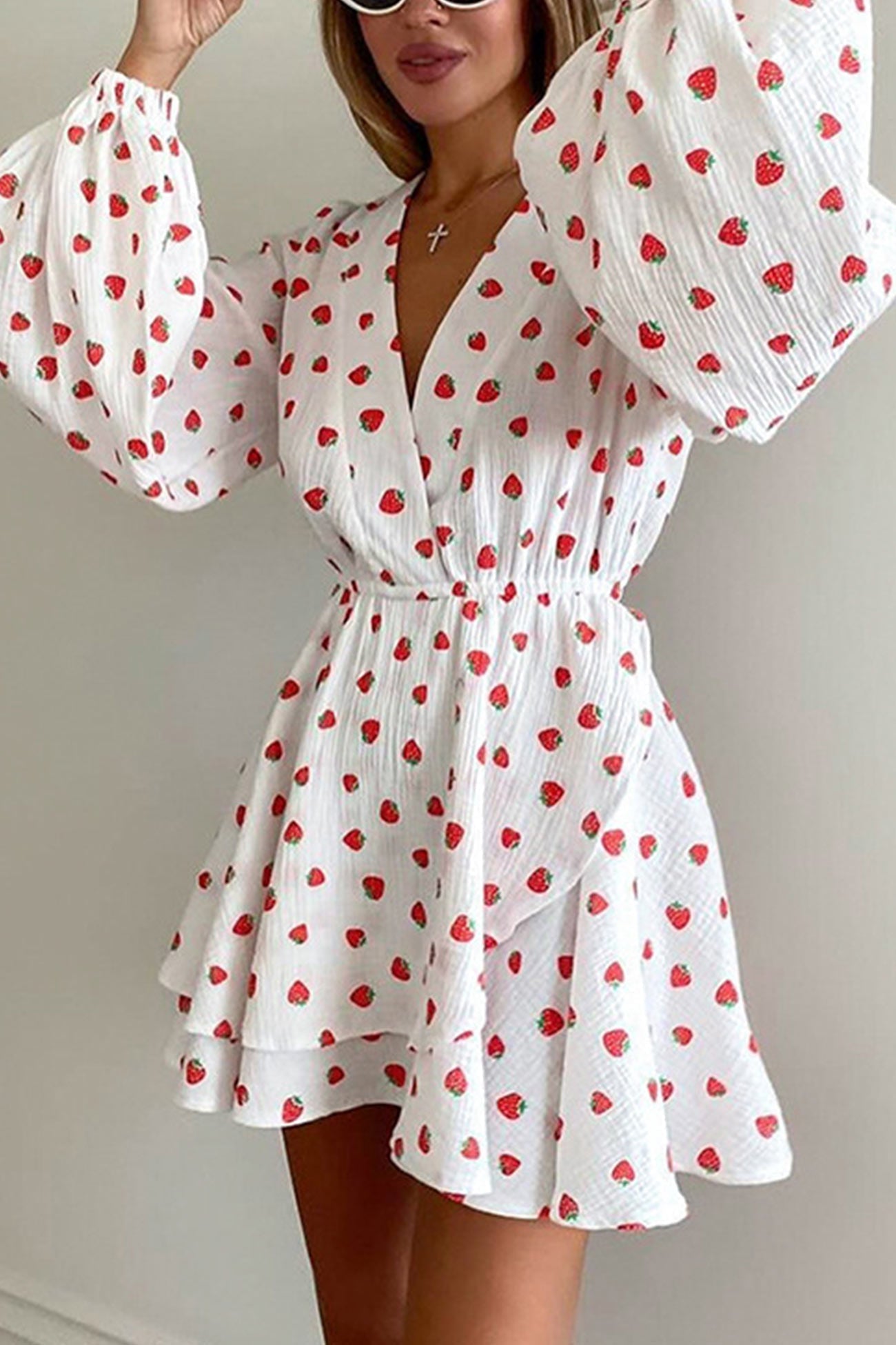Strawberry Print V-Neck Balloon Sleeve Tiered Ruffle Mini Dress