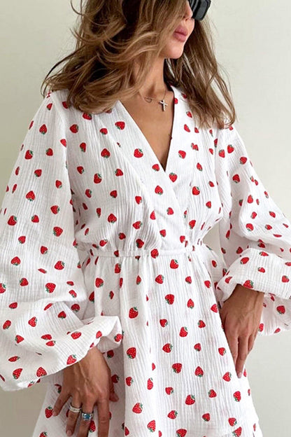 Strawberry Print V-Neck Balloon Sleeve Tiered Ruffle Mini Dress