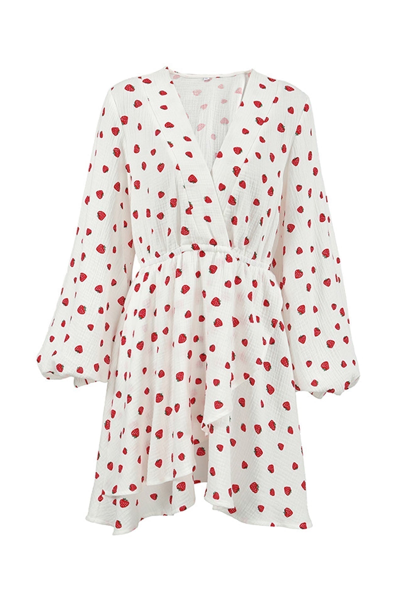 Strawberry Print V-Neck Balloon Sleeve Tiered Ruffle Mini Dress