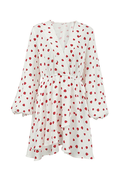 Strawberry Print V-Neck Balloon Sleeve Tiered Ruffle Mini Dress
