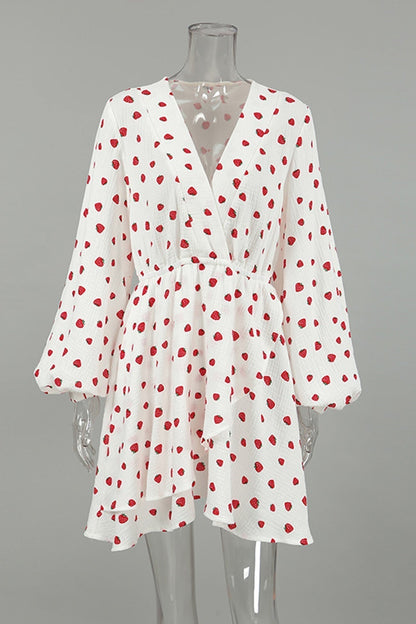 Strawberry Print V-Neck Balloon Sleeve Tiered Ruffle Mini Dress