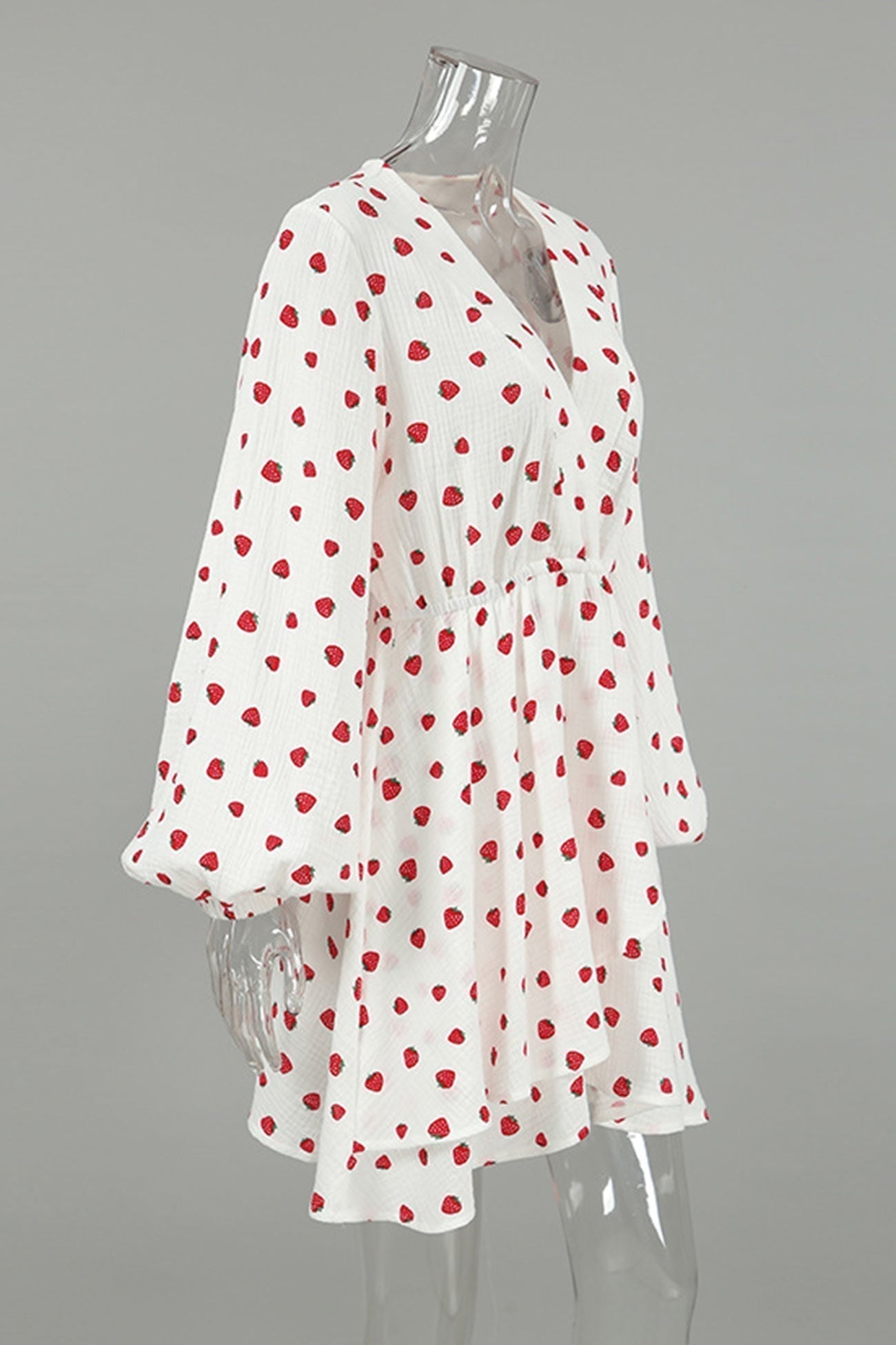 Strawberry Print V-Neck Balloon Sleeve Tiered Ruffle Mini Dress