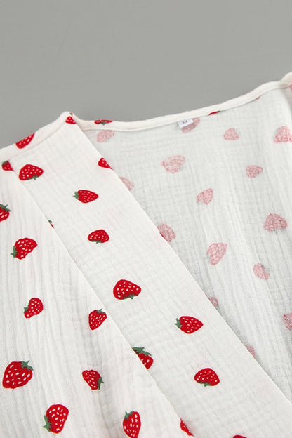 Strawberry Print V-Neck Balloon Sleeve Tiered Ruffle Mini Dress
