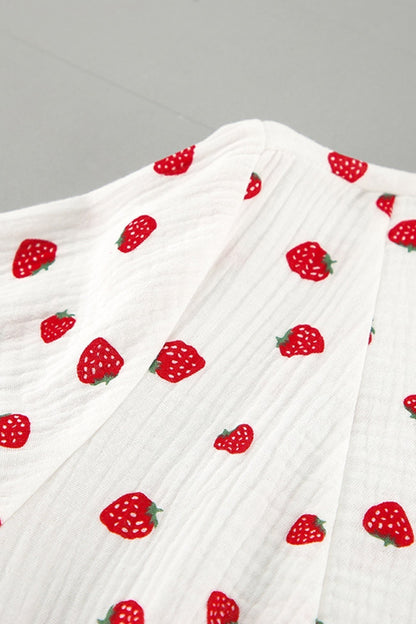 Strawberry Print V-Neck Balloon Sleeve Tiered Ruffle Mini Dress